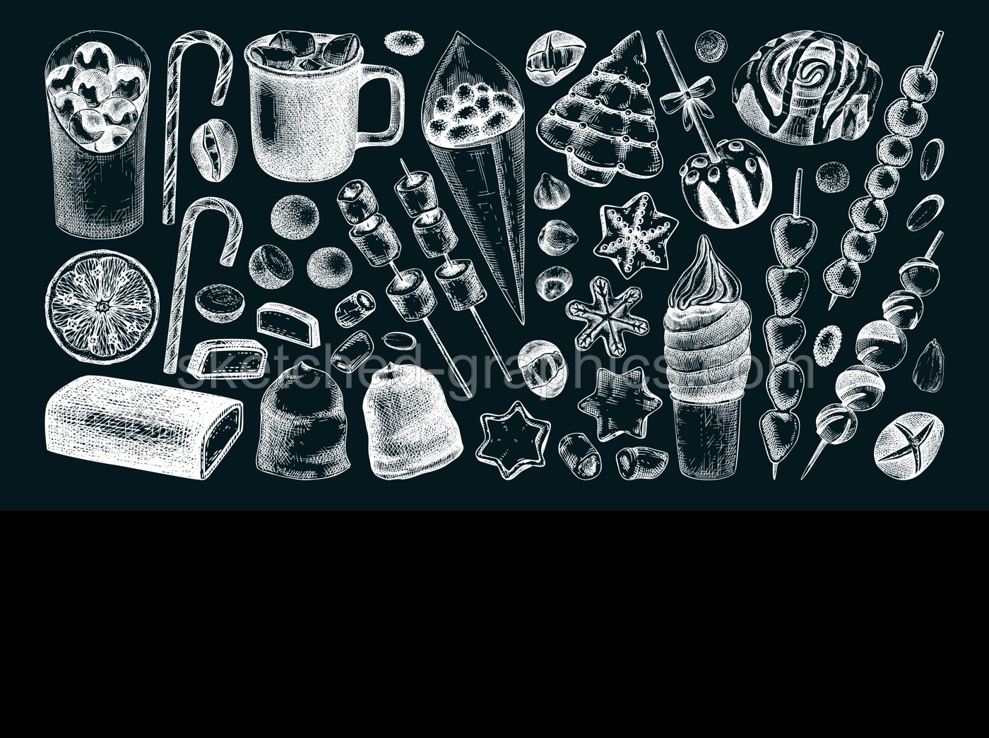 Christmas food background. Christmas market design template. Hand-drawn vector illustration. Hot drinks, candies, cookies, pastries sketches. Winter holiday menu. Sweet food vintage banner Illustration